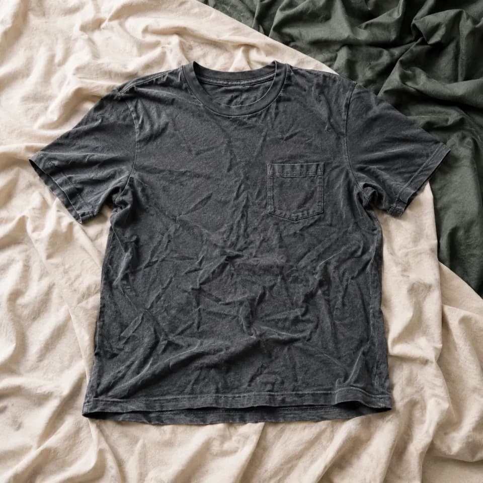 Wrinkled grey T-shirt photographed on fabric