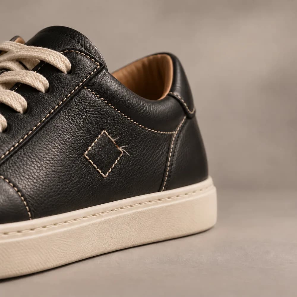 Close-up of a leather sneaker with a stitched detail before and after repair: Before repair