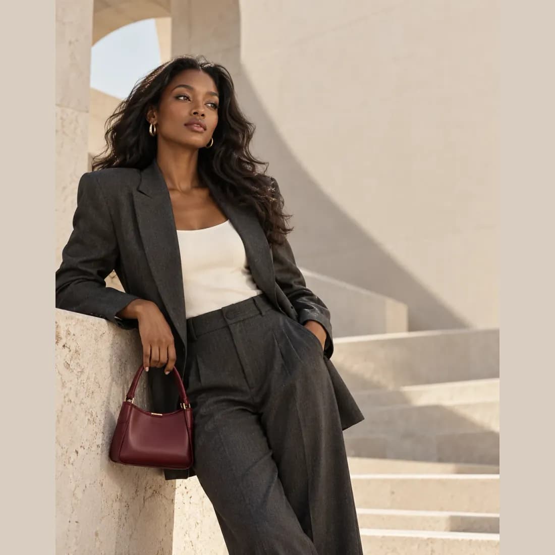 Editorial fashion campaign image of a model with a burgundy handbag